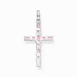 Cheap Anhänger Kreuz mit pinken Steinen Silber Damen Halsketten|Anhänger