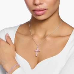 Cheap Anhänger Kreuz mit pinken Steinen Silber Damen Halsketten|Anhänger