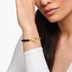 Sale Armband aus Onyx-Beads und Ankerelementenmit weißen Steinen vergoldet Damen Armbänder|18K Vergoldung - 925 Silber