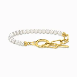 Sale Armband aus Perlen und Ankerelementen mit weißen Steinen vergoldet Damen Armbänder|18K Vergoldung - 925 Silber