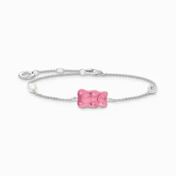 Outlet Armband mit pinkem Goldbären, Perle und Stein Silber Damen Armbänder|925 Silber
