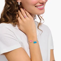 Outlet Armband mit pinkem Goldbären, Perle und Stein Silber Damen Armbänder|925 Silber