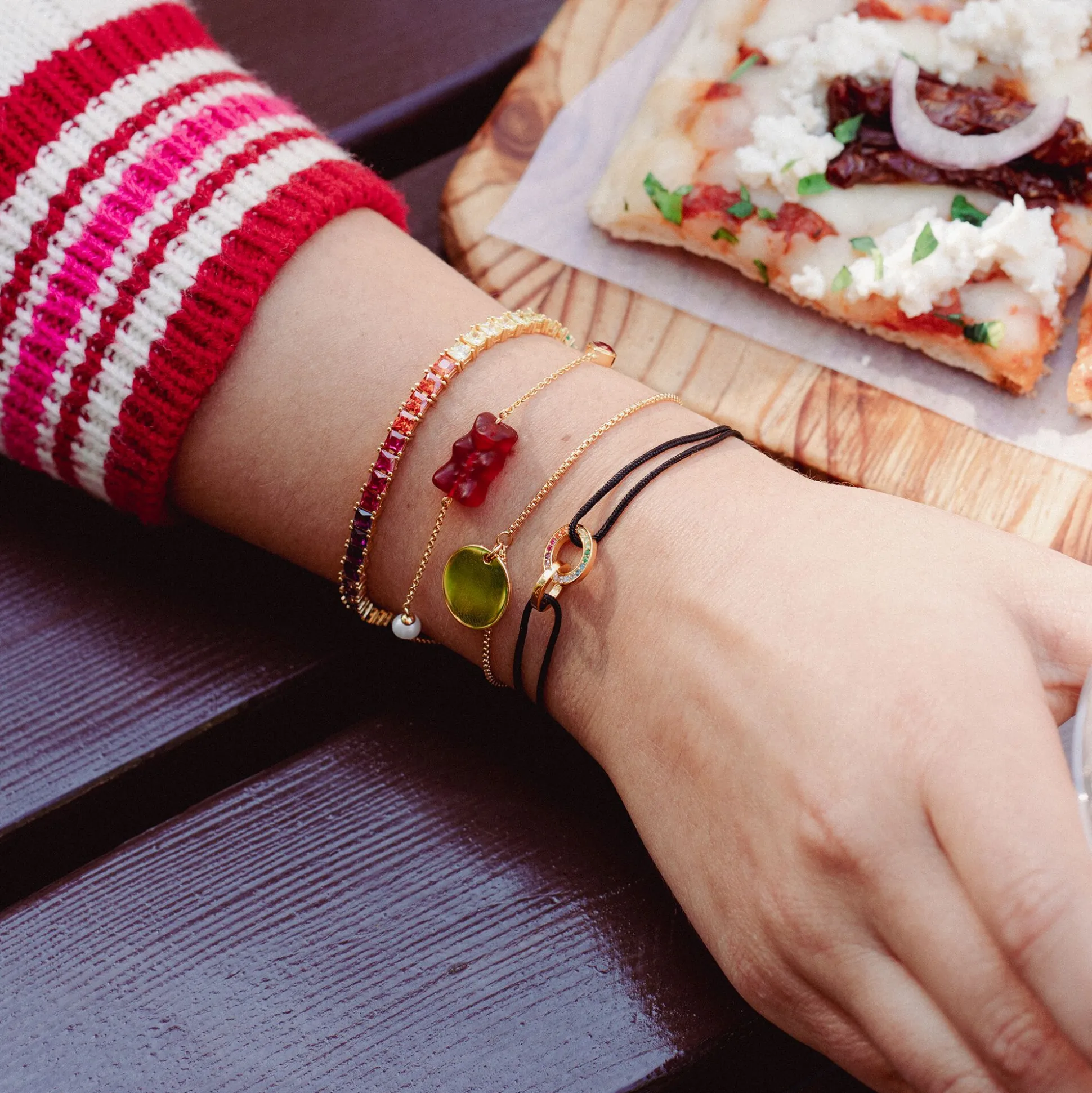 Sale Armband mit rotem Goldbären, Perle und Stein vergoldet Damen Armbänder|18K Vergoldung - 925 Silber