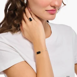 Online Armband mit schwarzem Goldbären, Perle und Stein Silber Damen Armbänder|Armbänder