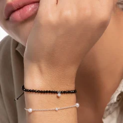 Store Armband mit schwarzen Onyx-Beads und weißem Stein Silber Damen Armbänder