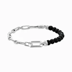 Fashion Armband mit schwarzen Onyx-Beads und Kettengliedern Silber Damen Armbänder|Armbänder