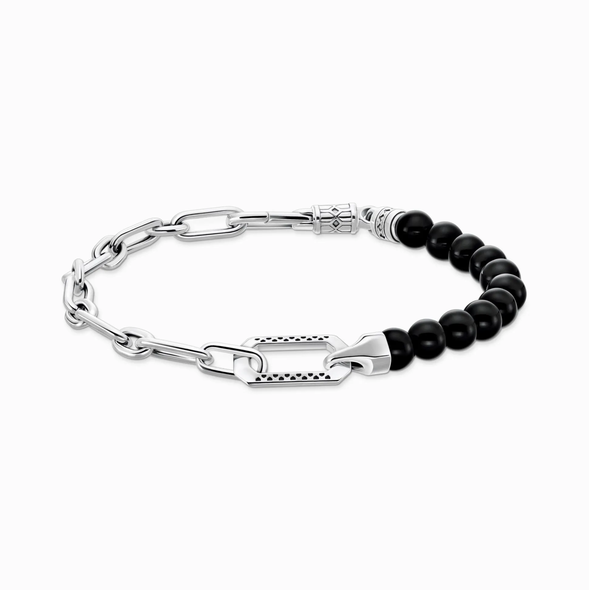 Fashion Armband mit schwarzen Onyx-Beads und Kettengliedern Silber Damen Armbänder|Armbänder