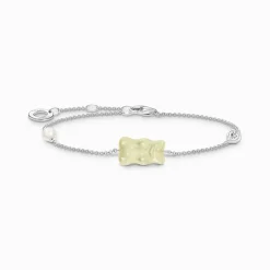 New Armband mit weißem Goldbären, Perle und Stein Silber Damen Armbänder|925 Silber