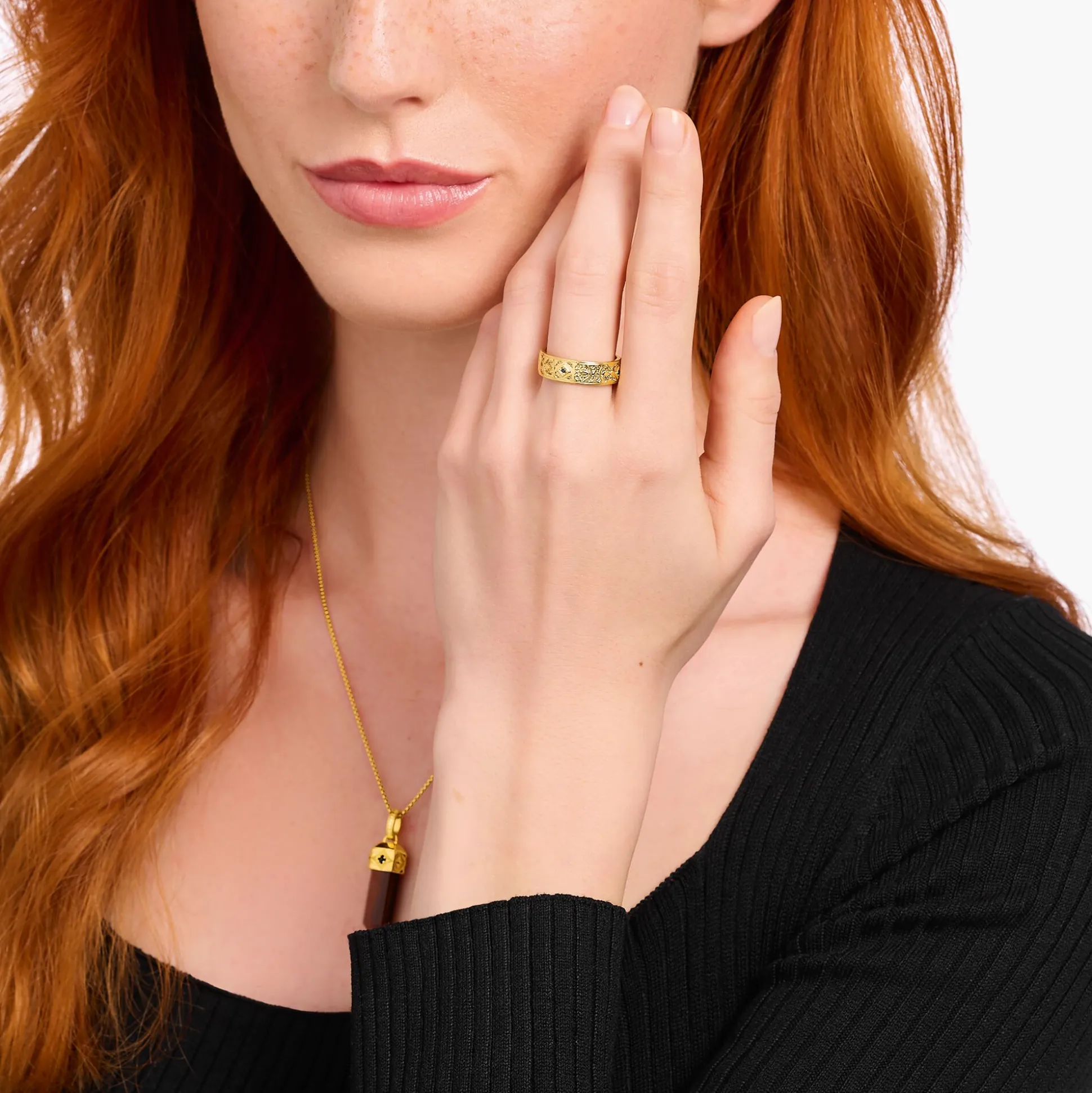 Discount Bandring mit schwarzen Steinen und Muster vergoldet Damen Ringe|Ringe