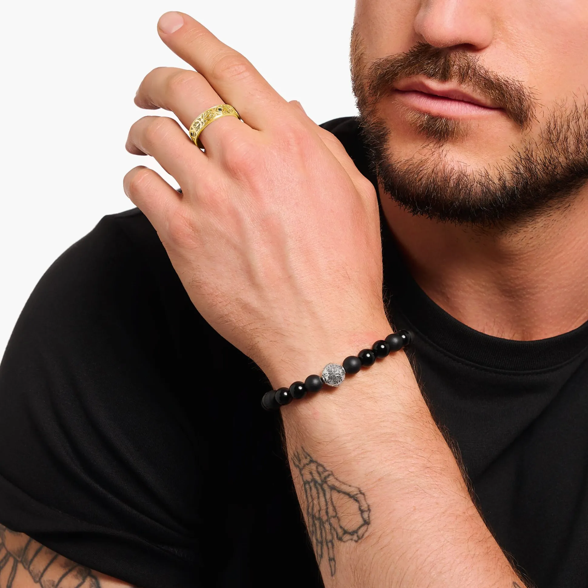 Discount Bandring mit schwarzen Steinen und Muster vergoldet Damen Ringe|Ringe