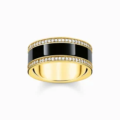 Cheap Bandring mit schwarzer Kaltemaille und weißen Steinen vergoldet Damen Ringe|18K Vergoldung - 925 Silber