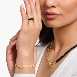 Cheap Bandring mit schwarzer Kaltemaille und weißen Steinen vergoldet Damen Ringe|18K Vergoldung - 925 Silber