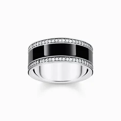 Fashion Bandring mit schwarzer Kaltemaille und weißen Steinen Silber geschwärzt Damen Ringe