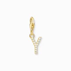 Clearance Charm-Anhänger Buchstabe Y mit weißen Steinen vergoldet Damen 18K Vergoldung - 925 Silber
