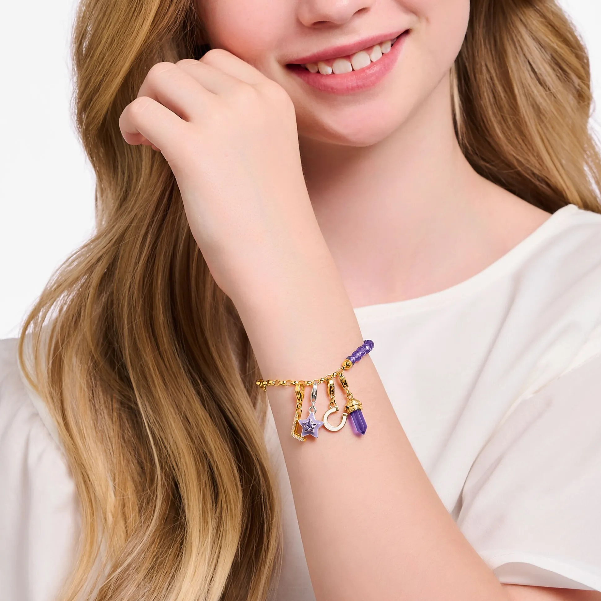 Sale Charm-Anhänger Hexagon mit imitiertem Amethyst vergoldet Damen Charms|Charms