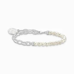 Outlet Charm-Armband mit weißen Perlen und Coin Silber Damen Charm Armbänder|Charm Armbänder