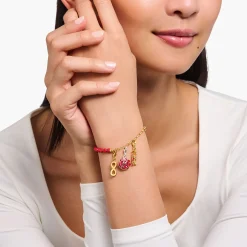 Shop Charm-Armband rote Beads und Gliederelemente vergoldet Damen Charm Armbänder|Charm Armbänder