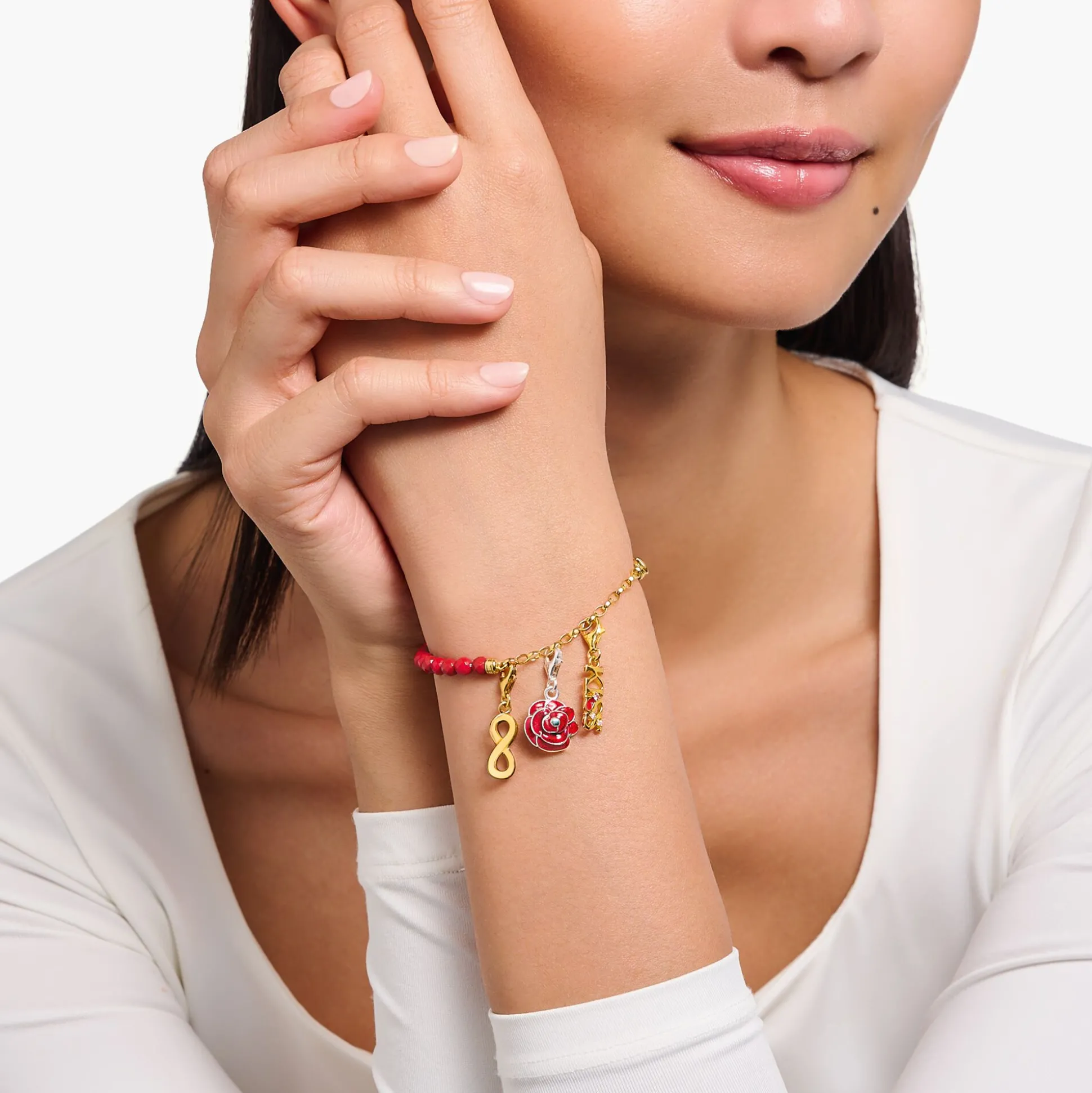 Shop Charm-Armband rote Beads und Gliederelemente vergoldet Damen Charm Armbänder|Charm Armbänder