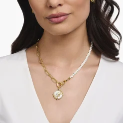 Online Collier aus Süßwasserzuchtperlen und Gliederkette mit weißen Steinen vergoldet Damen Halsketten|18K Vergoldung - 925 Silber