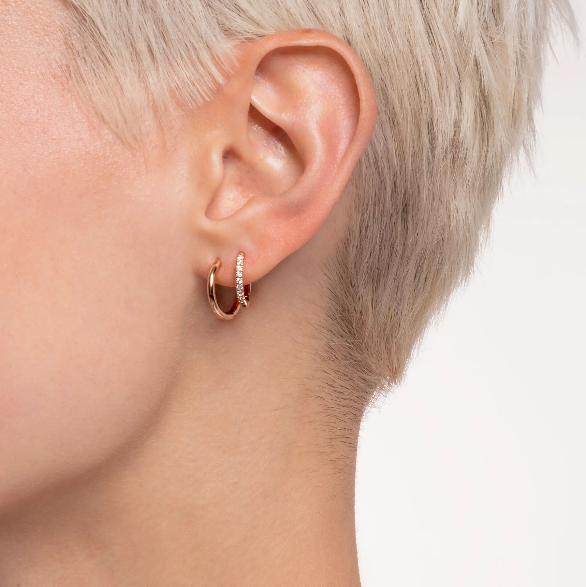 New Einzel Creole weiße Steine roségold Damen Creolen|18K Rosé-Vergoldung - 925 Silber