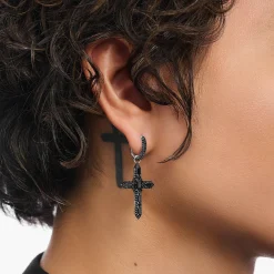 Hot Einzel-Creole mit Kreuzanhänger und schwarzen Steinen Silber geschwärzt Damen Creolen|925 Silber