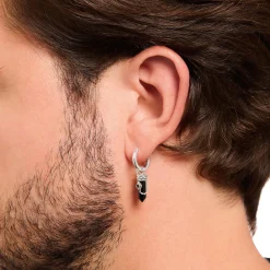 New Einzel-Creole mit Onyx-Anhänger und Kette Silber geschwärzt Damen Creolen|Ohrstecker & Creolen