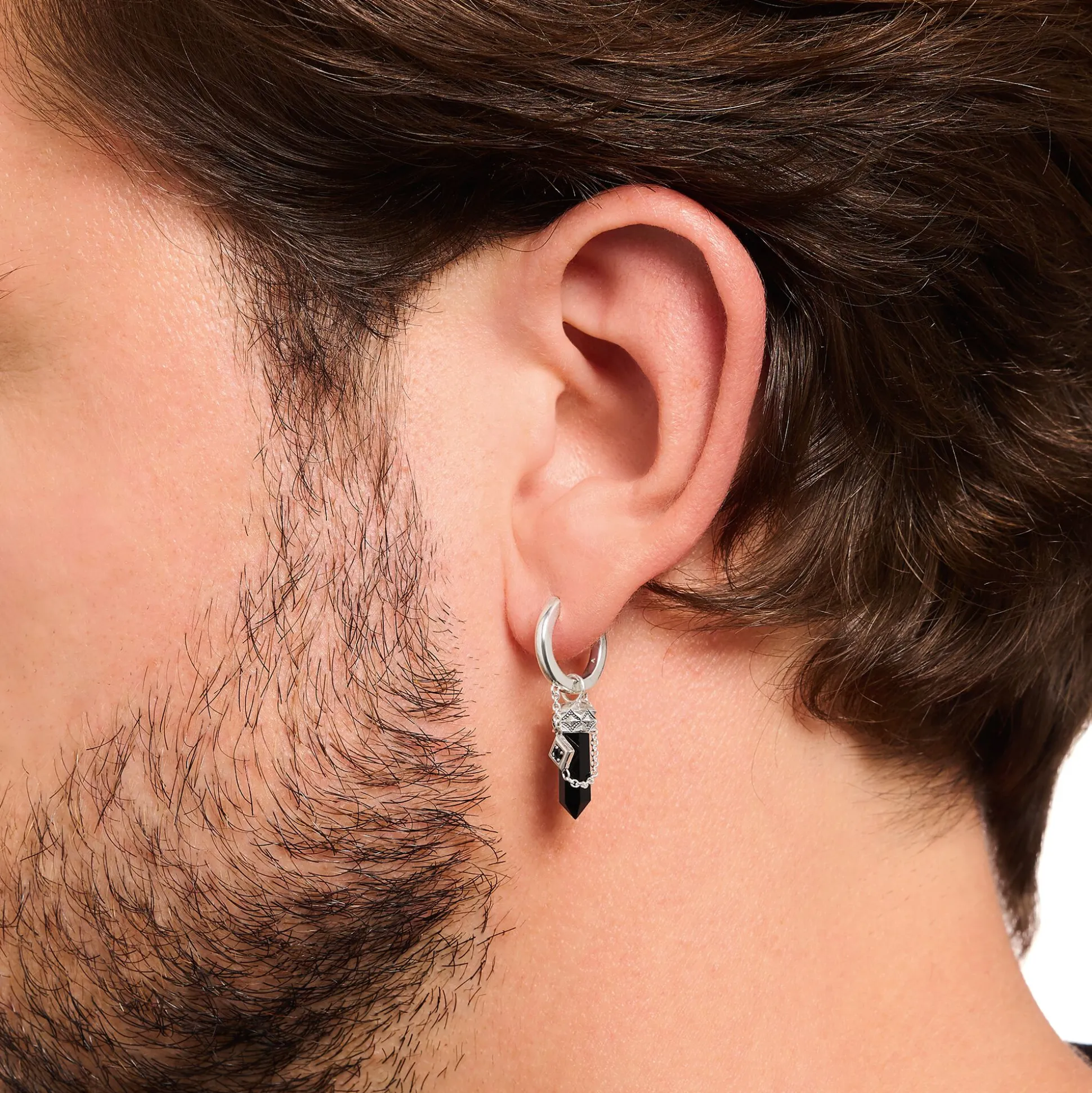 New Einzel-Creole mit Onyx-Anhänger und Kette Silber geschwärzt Damen Creolen|Ohrstecker & Creolen