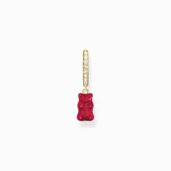 Fashion Einzel-Creole mit rotem Goldbären-Anhänger und Steinen vergoldet Damen Creolen|18K Vergoldung - 925 Silber