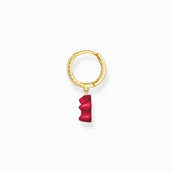 Fashion Einzel-Creole mit rotem Goldbären-Anhänger und Steinen vergoldet Damen Creolen|18K Vergoldung - 925 Silber