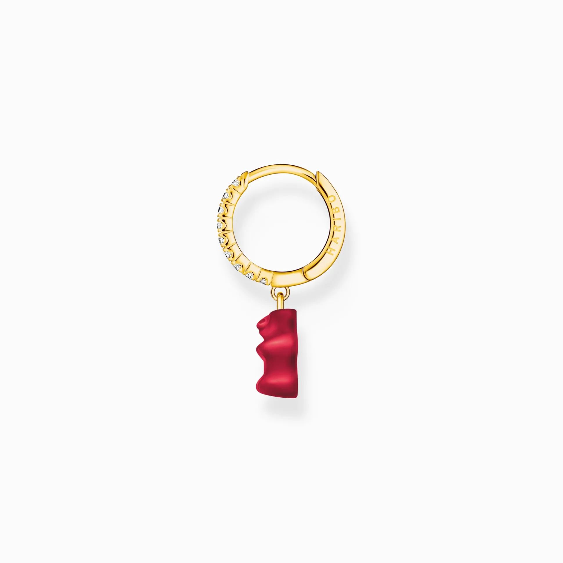Fashion Einzel-Creole mit rotem Goldbären-Anhänger und Steinen vergoldet Damen Creolen|18K Vergoldung - 925 Silber