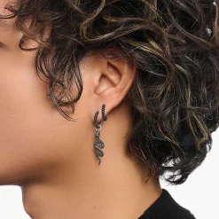 Cheap Einzel-Creole mit Schlangen-Anhänger und schwarzen Steinen Silber geschwärzt Damen Creolen|925 Silber