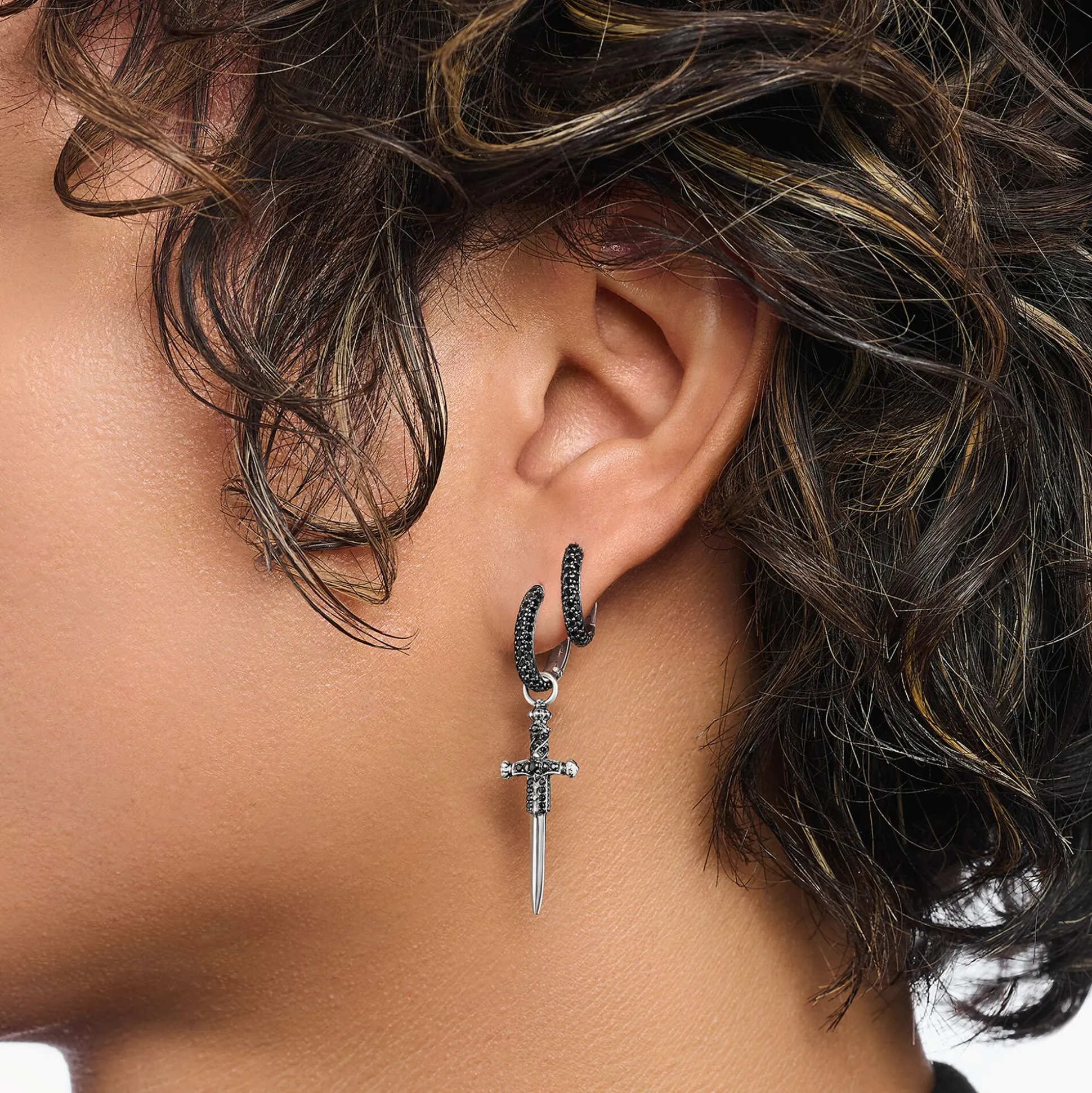 Shop Einzel-Creole Schwert mit schwarzen Steinen Silber geschwärzt Damen Creolen|925 Silber