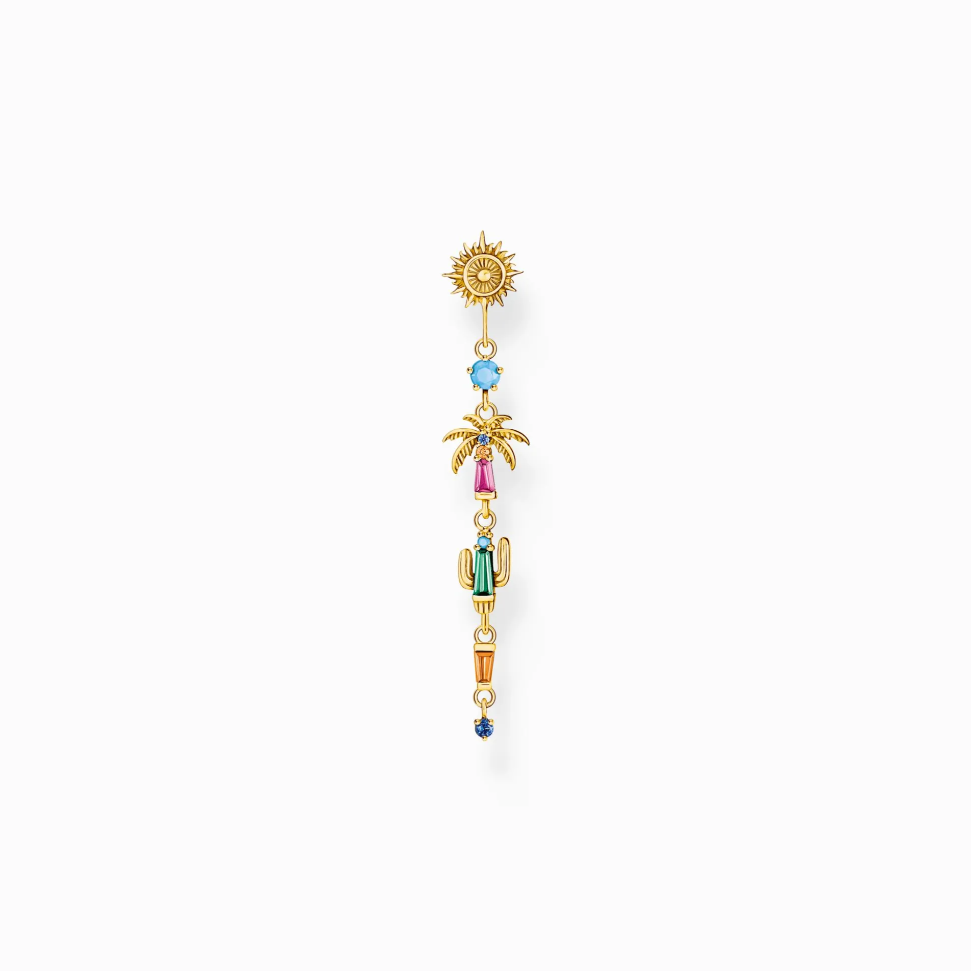 Discount Einzel-Ohrhänger Sonne, Palme und Kaktus mit bunten Steinen vergoldet Damen Ohrringe|18K Vergoldung - 925 Silber