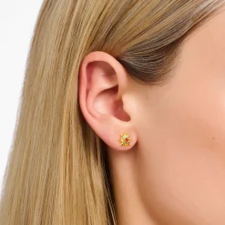 Flash Sale Einzel-Ohrstecker Sonne mit bunten Steinen vergoldet Damen Ohrstecker|18K Vergoldung - 925 Silber