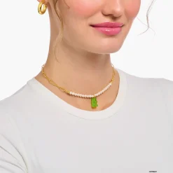 Fashion Gliederkette mit grünem Goldbären-Anhänger und Perlen vergoldet Damen Halsketten|18K Vergoldung - 925 Silber
