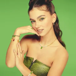 Fashion Gliederkette mit grünem Goldbären-Anhänger und Perlen vergoldet Damen Halsketten|18K Vergoldung - 925 Silber