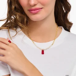 Outlet Gliederkette mit rotem Goldbären-Anhänger und Perlen vergoldet Damen Halsketten|18K Vergoldung - 925 Silber