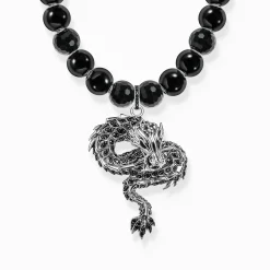 Discount Kette aus Obsidian-Beads mit Drachen-Anhänger geschwärzt Damen Halsketten|925 Silber