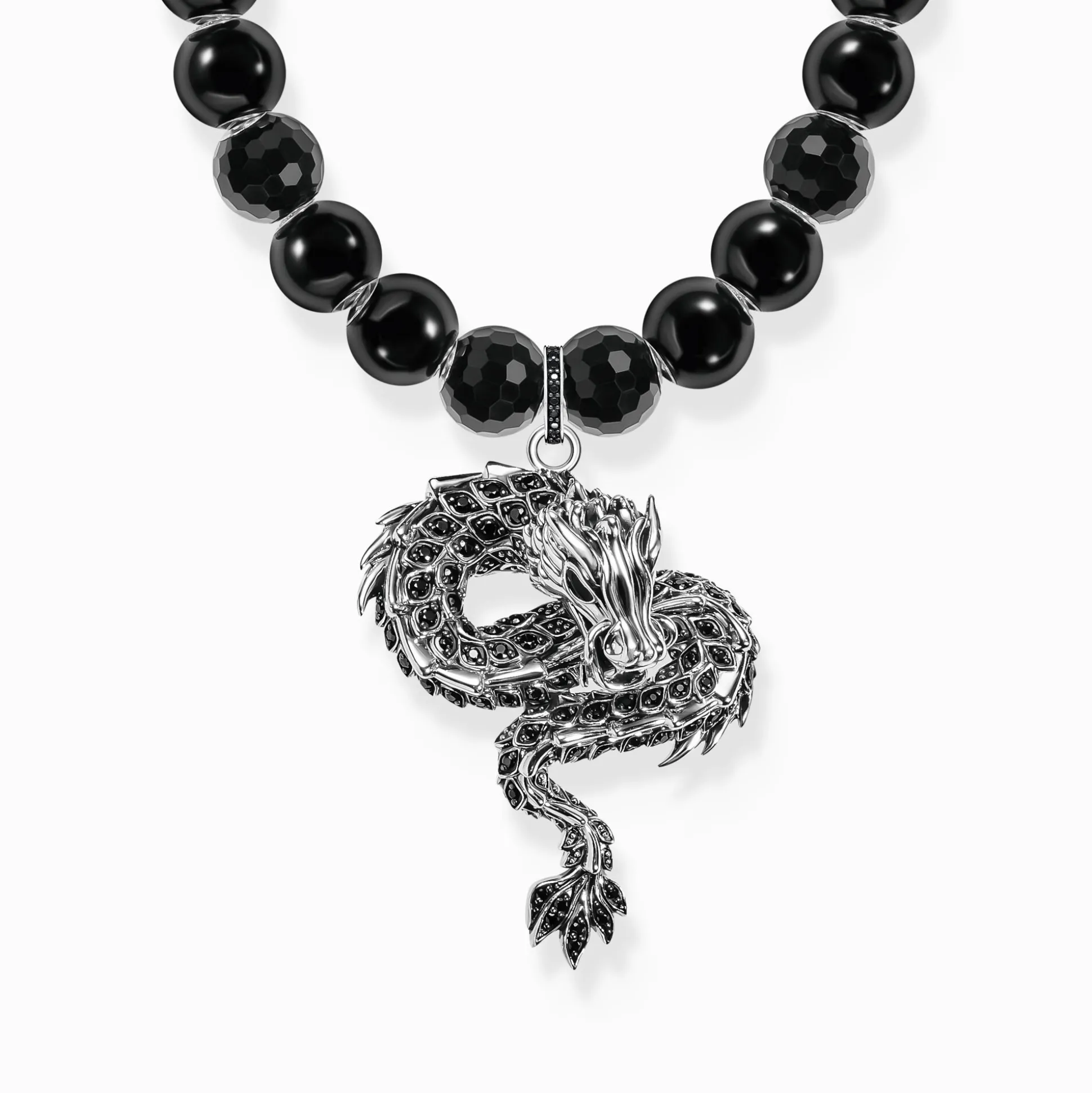 Discount Kette aus Obsidian-Beads mit Drachen-Anhänger geschwärzt Damen Halsketten|925 Silber