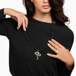 Discount Kette aus Obsidian-Beads mit Drachen-Anhänger geschwärzt Damen Halsketten|925 Silber