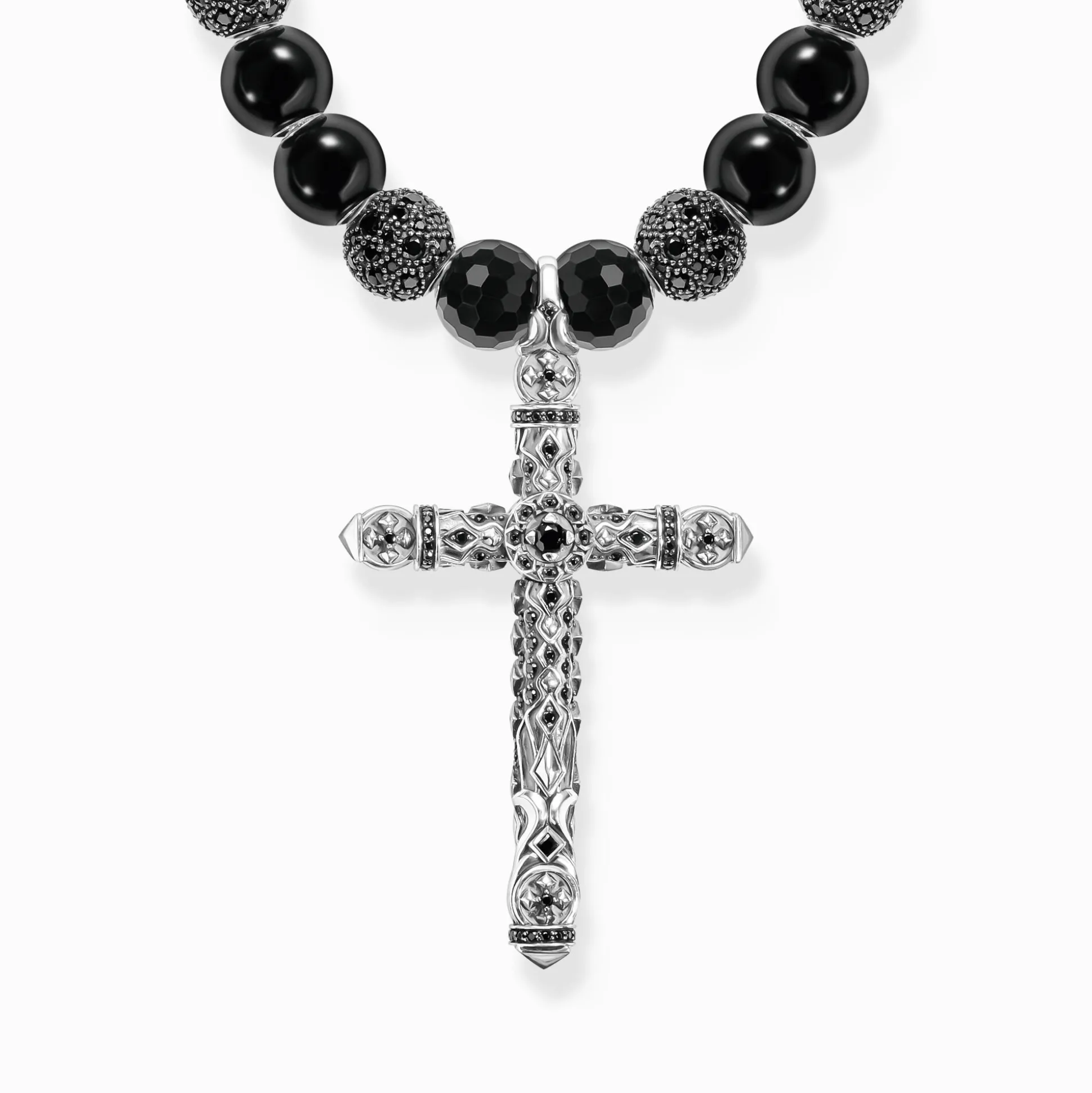 Shop Kette aus schwarzen Beads mit Kreuzanhänger Silber geschwärzt Damen Halsketten|Halsketten