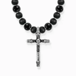 Discount Kette aus schwarzen Beads mit Kreuzanhänger Silber geschwärzt Damen Halsketten|Halsketten