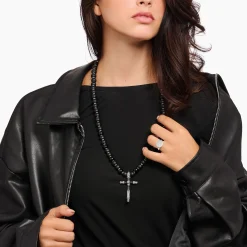Discount Kette aus schwarzen Beads mit Kreuzanhänger Silber geschwärzt Damen Halsketten|Halsketten