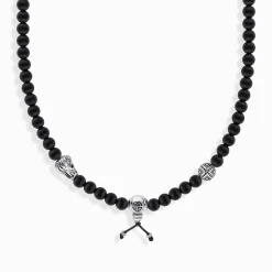 New Kette aus schwarzen Obsidian- und Silber-Beads geschwärzt Damen Halsketten|925 Silber
