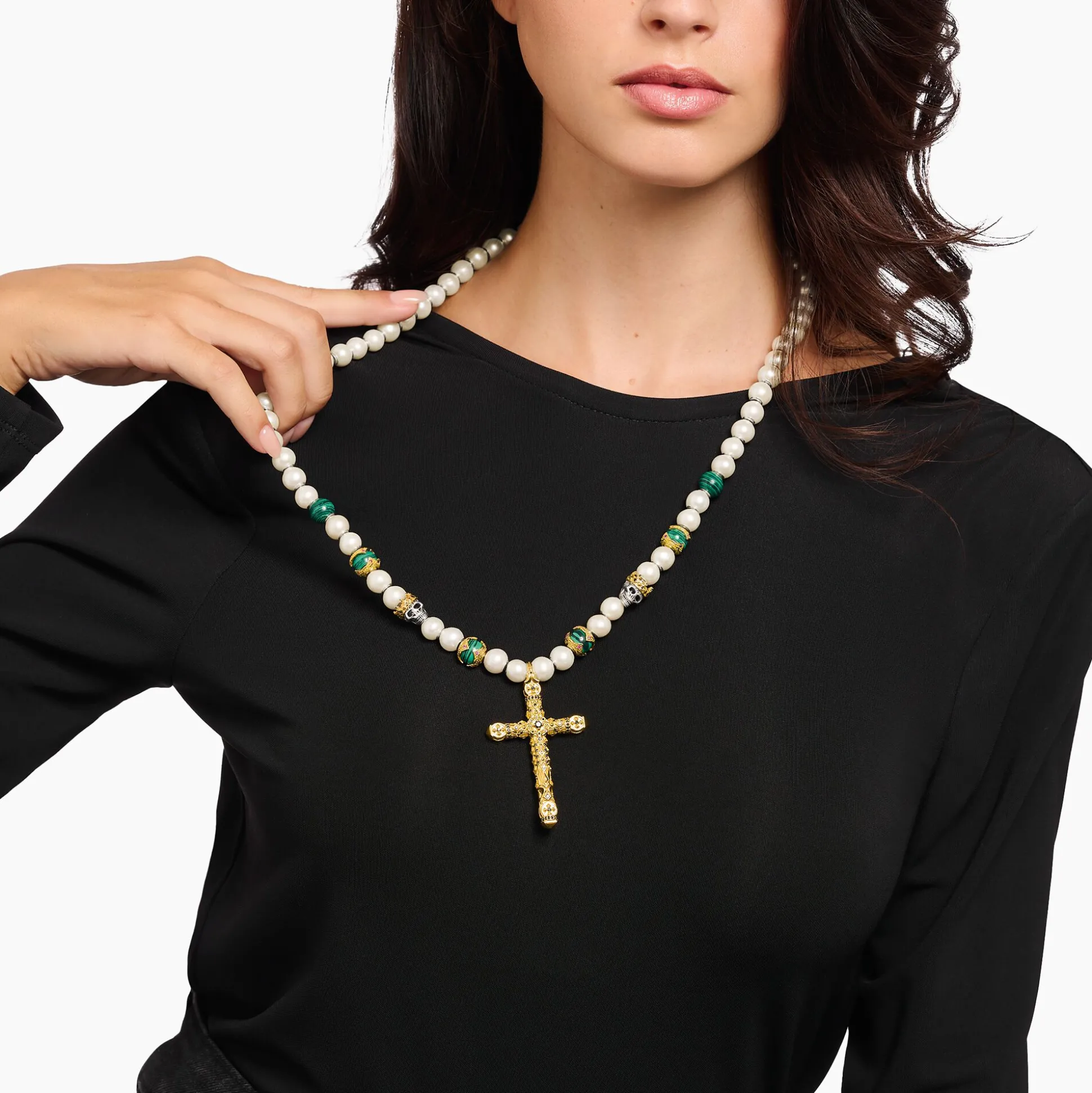 New Kette aus verschiedenen Beads mit Kreuzanhänger vergoldet Damen Halsketten|Halsketten