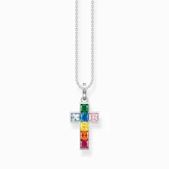 New Kette Kreuz mit bunten Steinen Silber Damen Halsketten