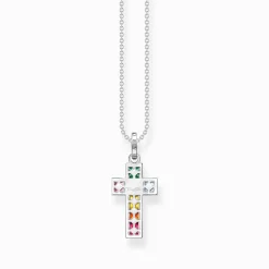 New Kette Kreuz mit bunten Steinen Silber Damen Halsketten
