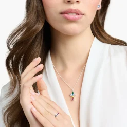New Kette Kreuz mit bunten Steinen Silber Damen Halsketten