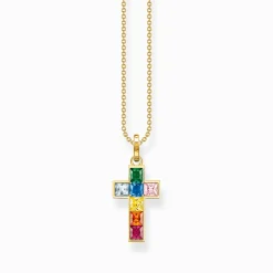 Sale Kette Kreuz mit bunten Steinen vergoldet Damen Halsketten