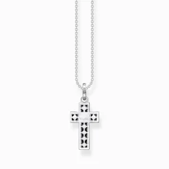 Store Kette Kreuz mit schwarzen Steinen Silber Damen Halsketten